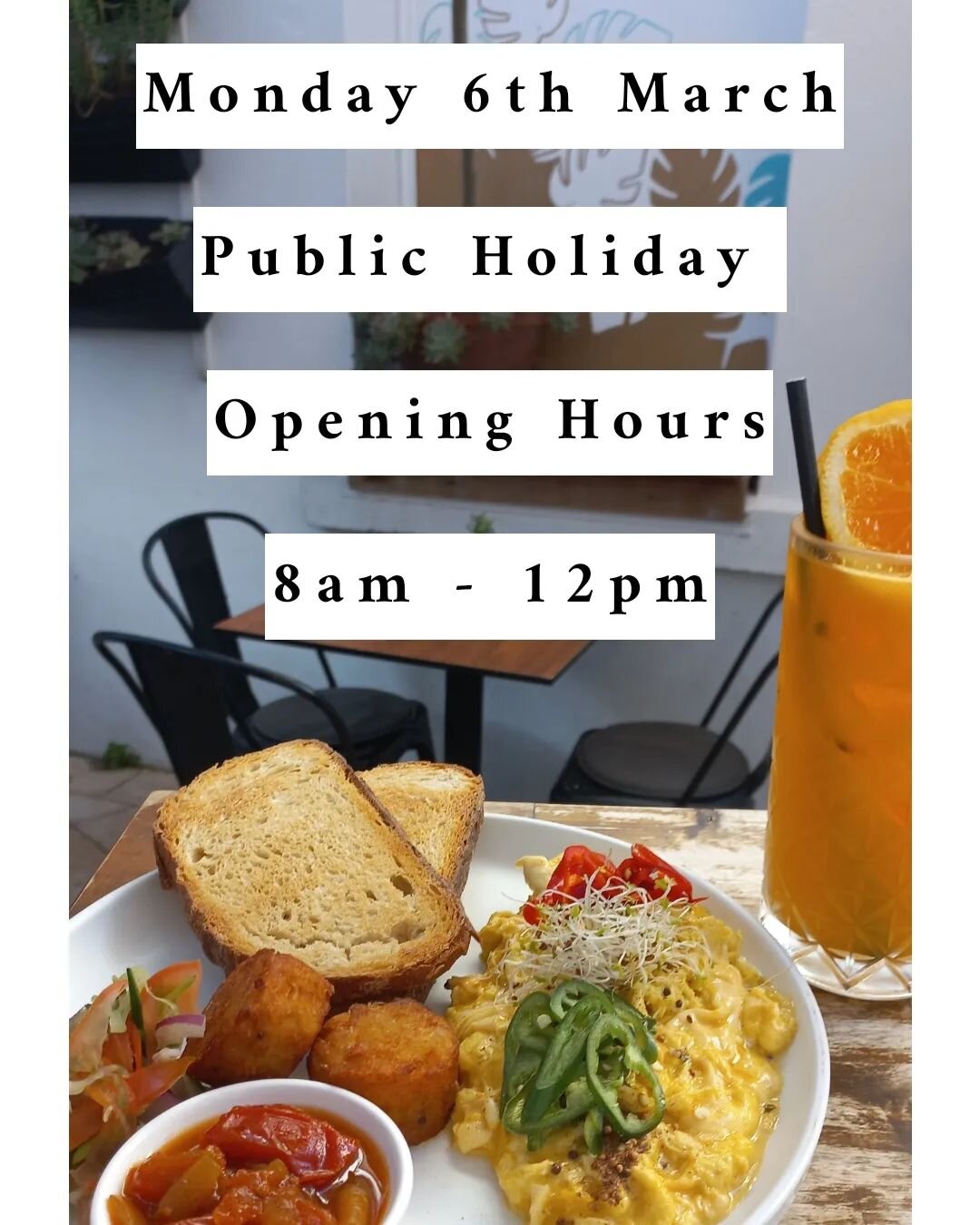Reminder that Monday the 6th of March is a Public Holiday and our Public Holiday Opening hours will apply. 
Open 8am - 12pm
.
.
#opensevendays #publicholiday #duckduckbruce #facefillingawesomeness #fremantle #cafe #freocafe #brunch #juice