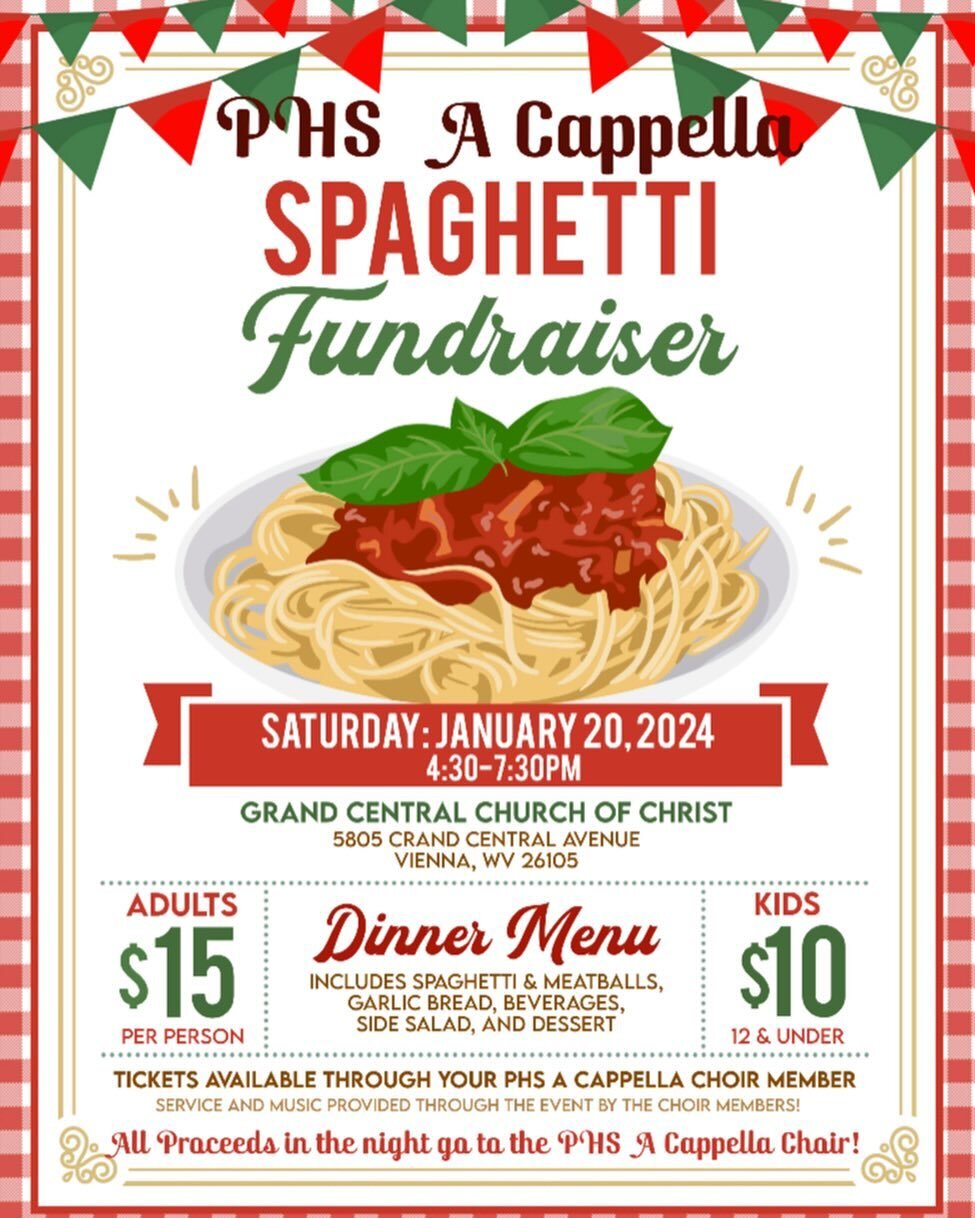Hello everyone! We have yet another fundraiser coming up for our trip and we would LOVE for you to join us for some spaghetti and singing 🎶 🍝

If you have any questions you can contact any A Cappella member or message us on here!
