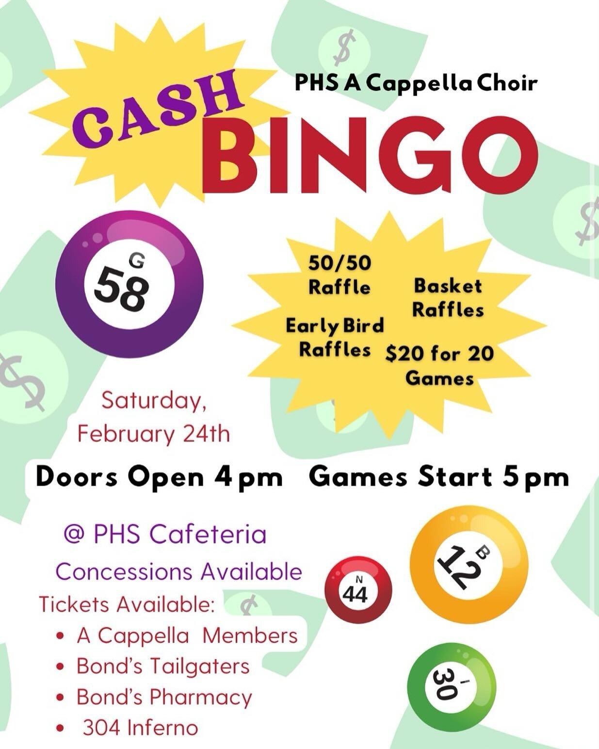 Hello everyone! 
We are holding our yearly bingo event, February 24th in the PHS Cafeteria! You can purchase tickets from the places on the flier or at the door. There will be lots of prizes, we hope to see you there 😁

#SingLikeAChamp