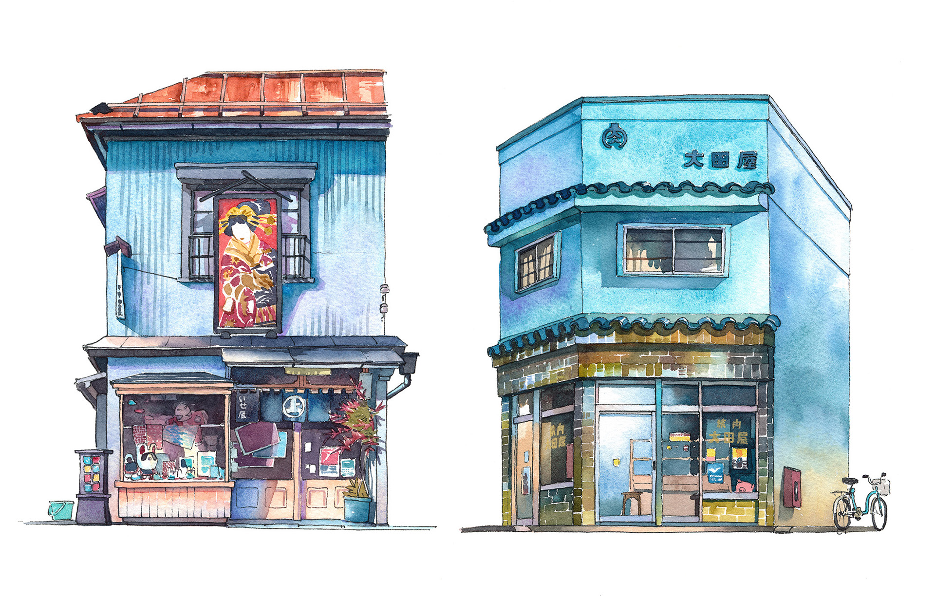 Isetatsu traditional color woodblock print store from Yanaka district and Ootoya meat shop from Koujimachi district