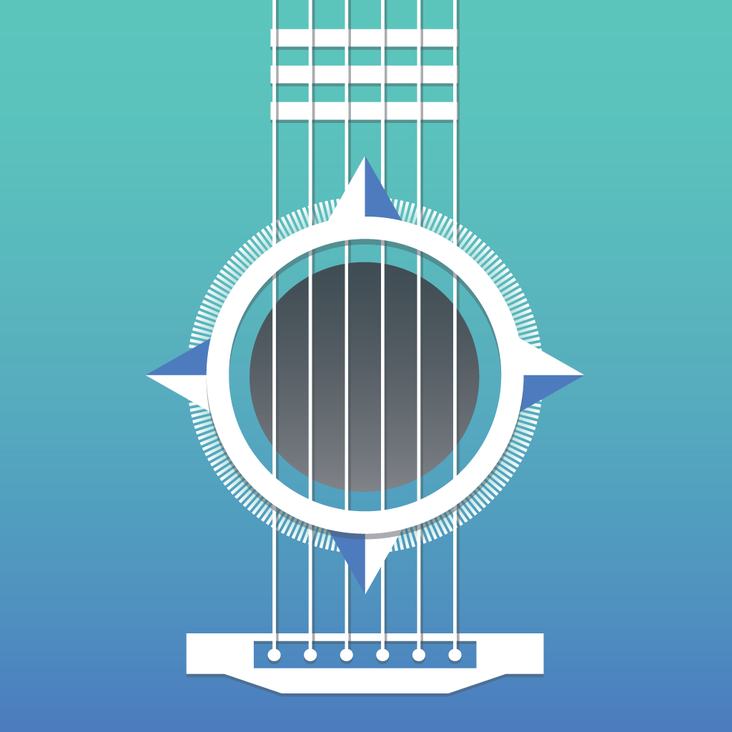 An abstract illustration of a guitar viewed from above, featuring a black sound hole, white circular outline, and blue and white geometric shapes representing the guitar's body and neck.