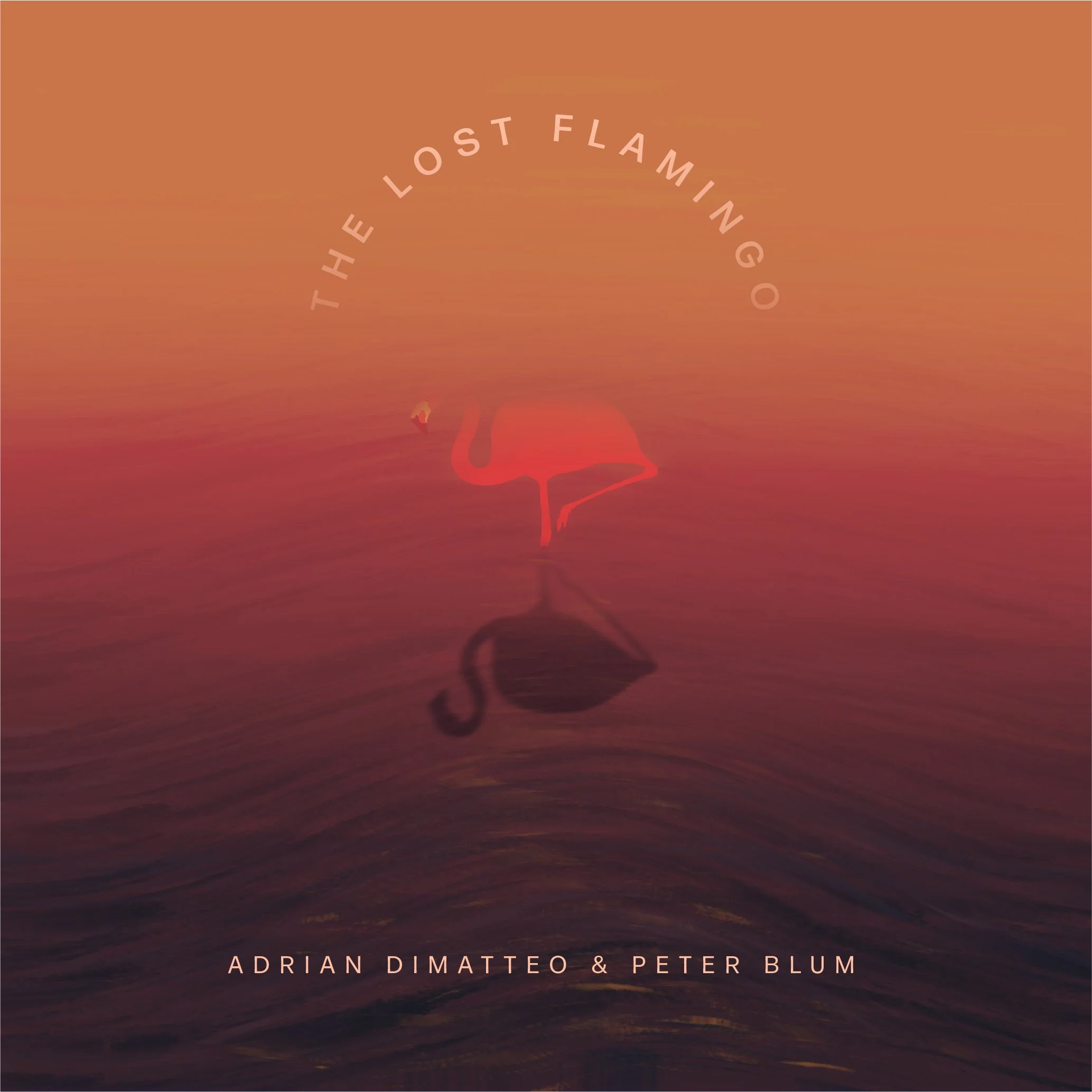 An album cover with a sunset background and a silhouette of a person jumping. The text reads 'The Lost Flamingo' in an arc and 'Adrian Dimateo & Peter Blum' at the bottom.