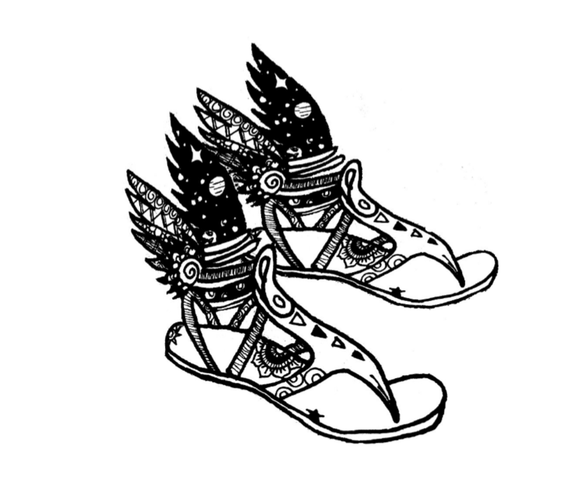 A pair of intricately designed shoes with feathers, eye patterns, and decorative elements, drawn in black and white.