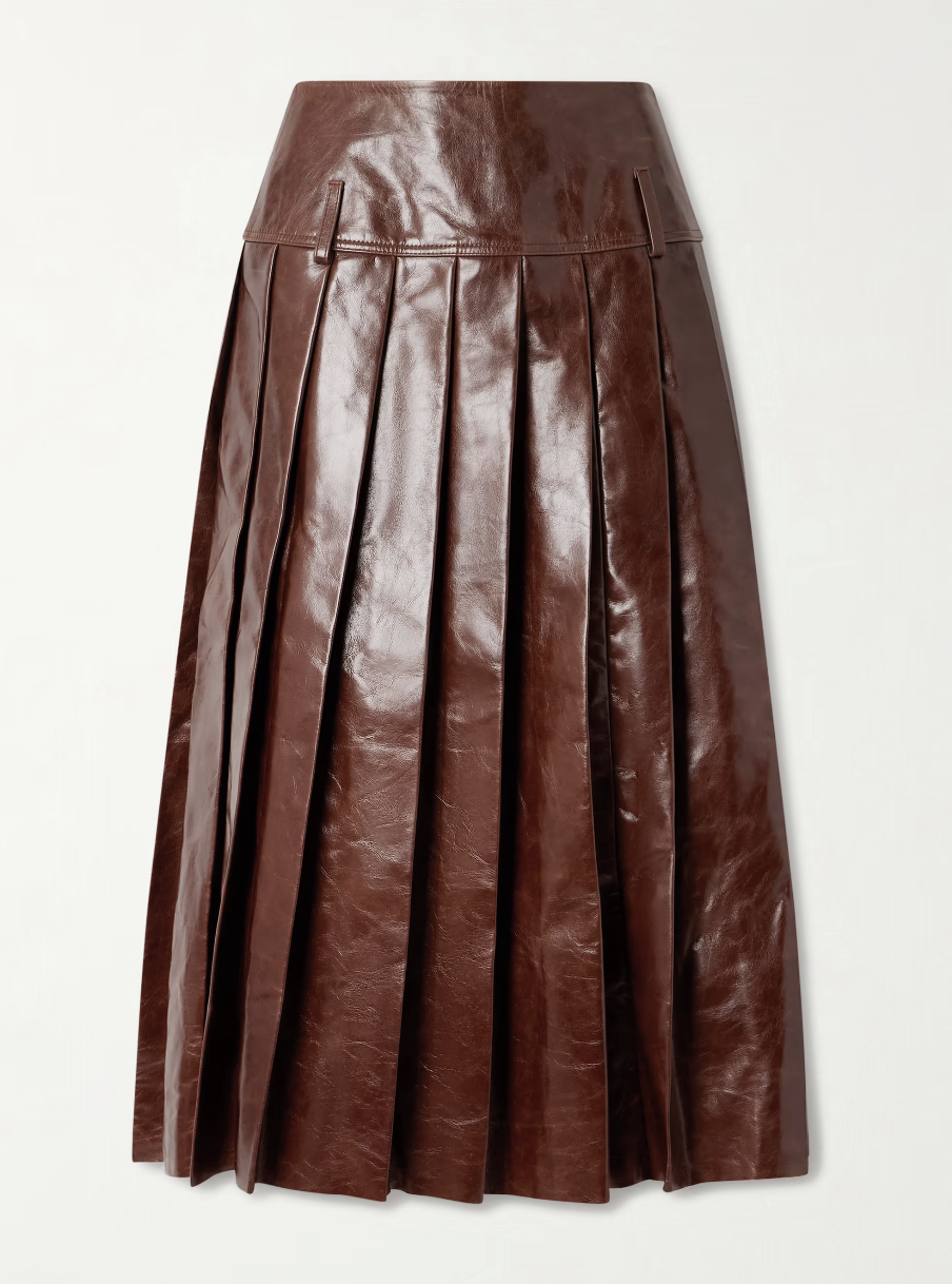 Pleated Glossed Leather Skirt