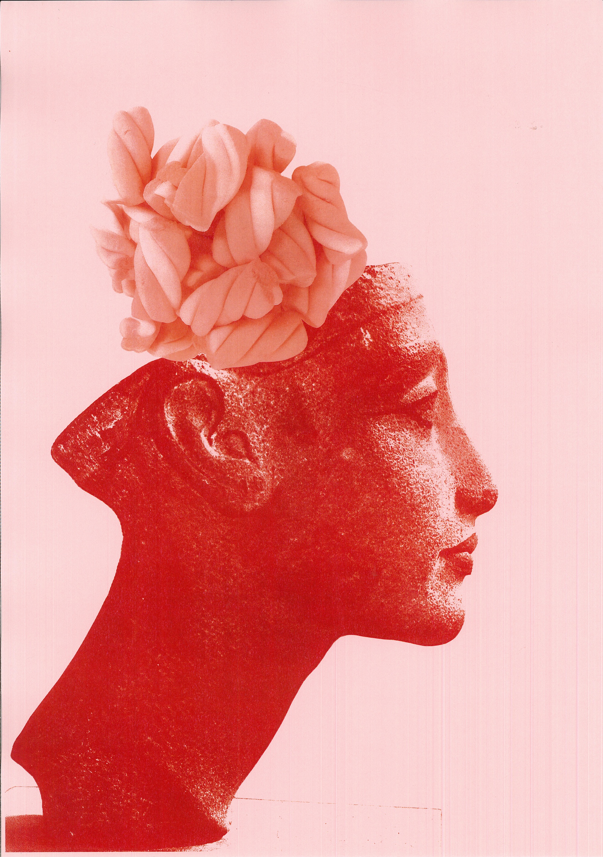 (Nefertiti Crowned with Flumps) In Ecstasy - red on pink photocopy of Nefertiti statue crowned with flump sweets, printed on self-adhesive film, 2014