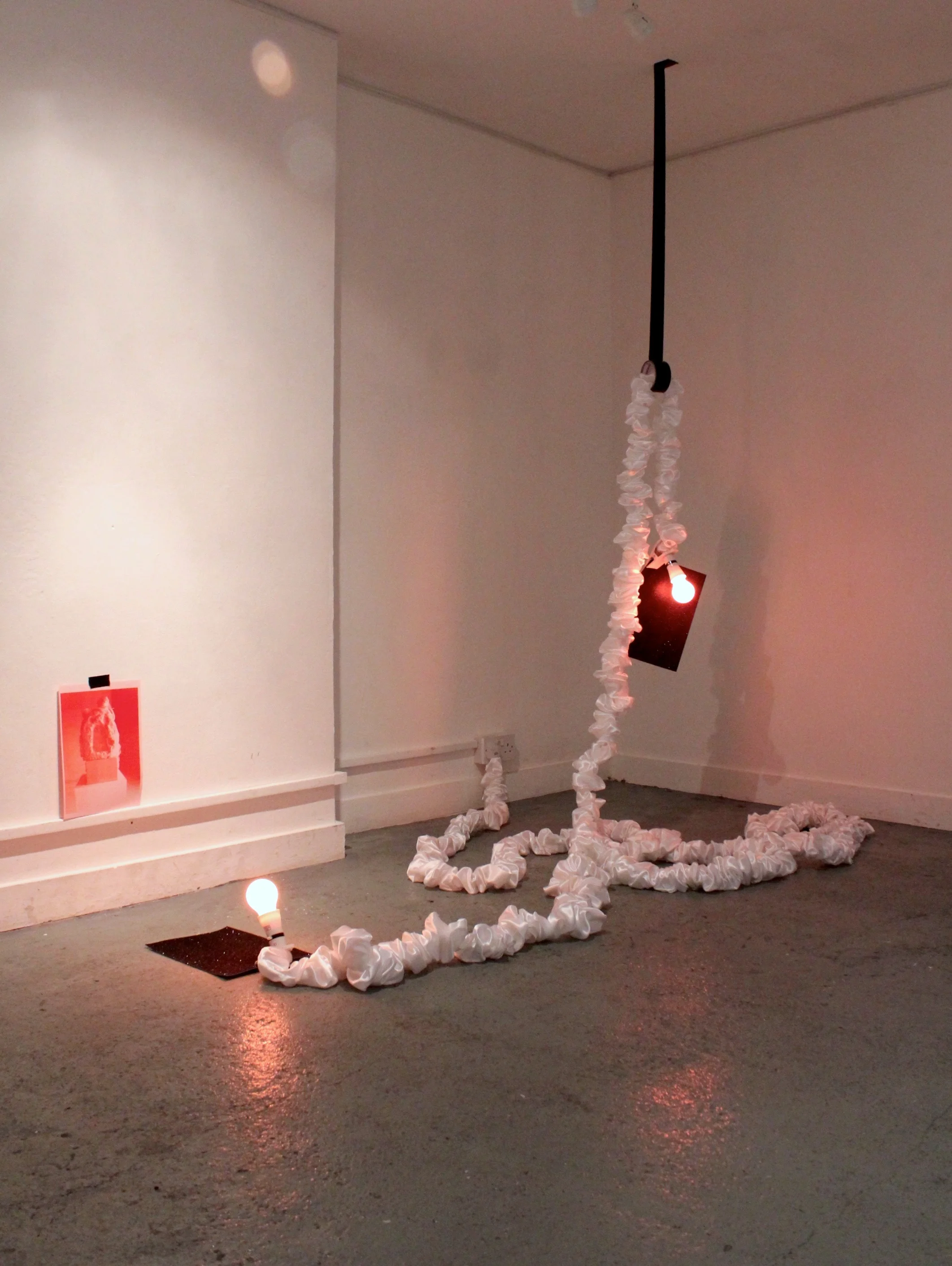 Sweet cheeks, there is always a last time for everything… – red on pink photocopy, black glitter card clipped to pink light bulbs, white satin, supported by black gaffer tape, 2014