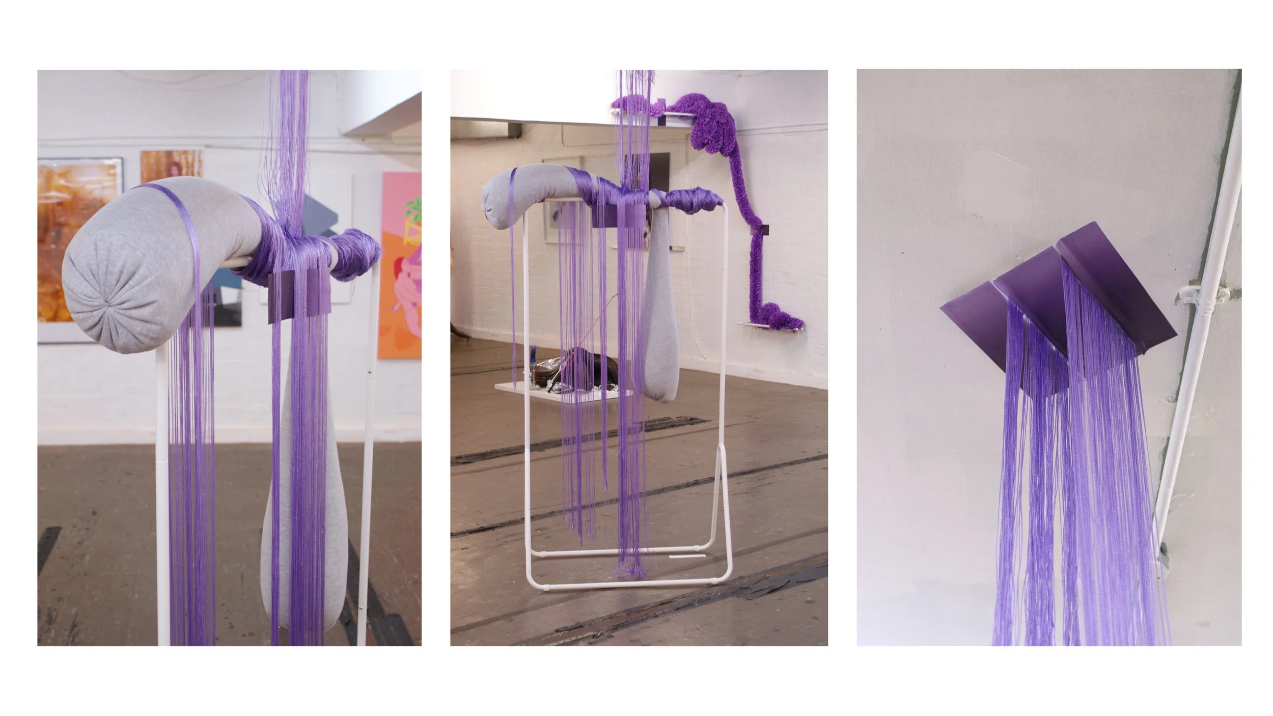 Lounge-Piece - Stuffed and weighted grey marling with violet fringing and ombre stickers on white clothing rail, 2018, W98cm x H160cm/248cm x D60cm Exhibited with Festenforfagfolx (Universal Ornament 1) as part of ‘Queer Art(ists) Now’ 2018. Colour, forms and motifs call back and forth between the two works. Queerly hued and precariously placed, the works are assembled as both protective screening and a welcome in; pinked, fringed and shimmering, soft materials are stuffed to provide comfort and starched in readiness for celebration.