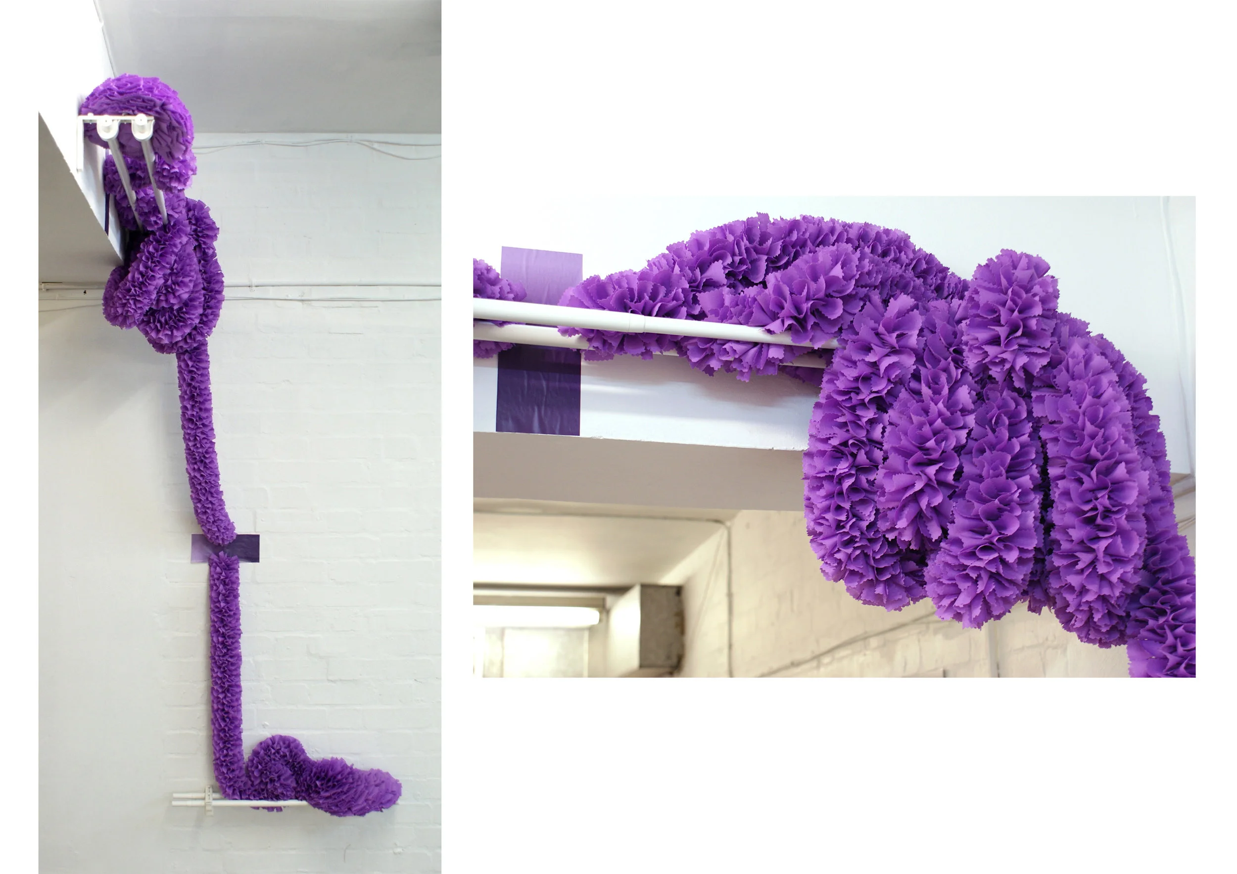 Festenforfagfolx (Universal Ornament 1) - Pinked, starched and threaded violet poly cotton with ombrestickers, on white curtain rails, 2018, 6-7 metres approx / install dimensions variable. Exhibited with Lounge-Piece as part of ‘Queer Art(ists) Now’ 2018.