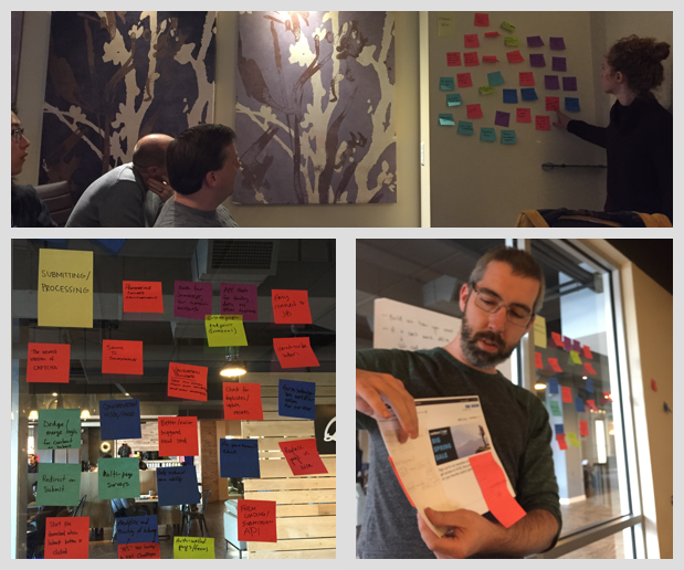Snapshots from our workshop include ideation with post-its, and sharing paper prototypes created in small group activities. 