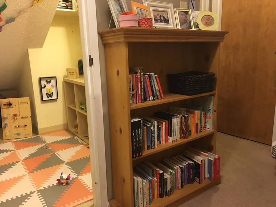 Right up the stairs- Noora's playroom (a converted storage closet), the bookcase where I store our board books, and then Noora's bedroom (next to the bookcase), and the bathroom (the big closed door). Our bedroom is across from Noora's.