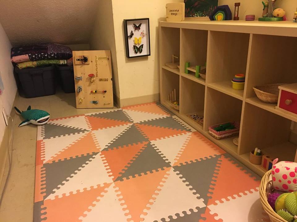 The playroom was a large, walk in storage closet at the top of our stairs. We didn't need it for storage, so it became the perfect tiny space for Noora's play area. 