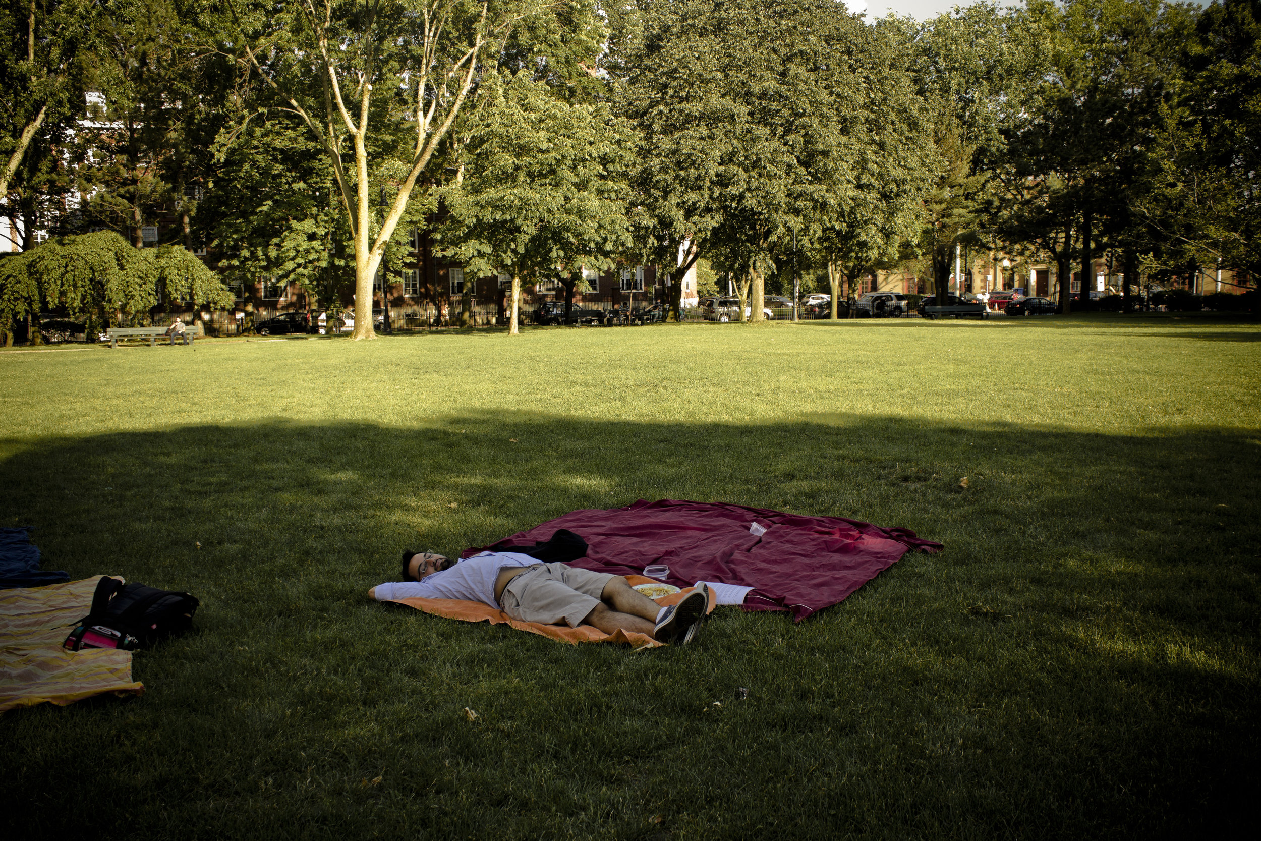  Man relaxing on picnic blanket 