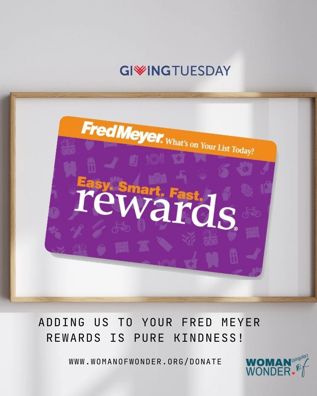 Short on cash? No worries, you can still support us as you shop for groceries. To add your favorite nonprofit to your Fred Meyer Rewards, sign in to your account on the Fred Meyer website, find the Community Rewards section (link below), search for y
