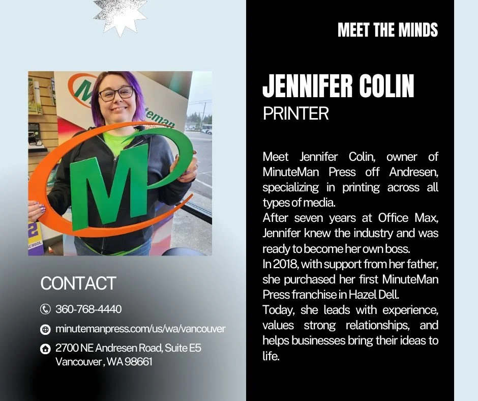 💼✨ Meet the Minds Monday Spotlight ✨💼

This week, we&rsquo;re featuring Jennifer Colin, owner of @minutemanpress.vancouverwa off of Andresen! Jennifer is a skilled printer who works with all types of media, helping businesses turn ideas into high-q