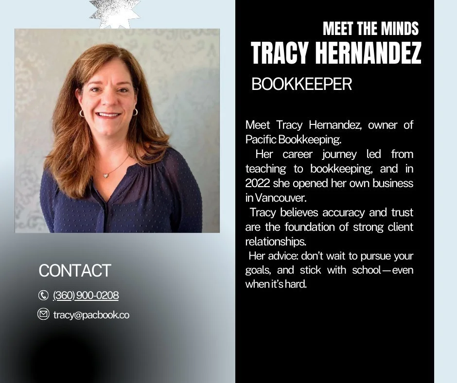 💼✨ Meet the Minds Monday Spotlight ✨💼

This week, we&rsquo;re excited to highlight Tracy Hernandez, owner of @pacificbookkeepingllc . Tracy&rsquo;s career path is a great example of how skills evolve&mdash;she began in teaching, transitioned into o
