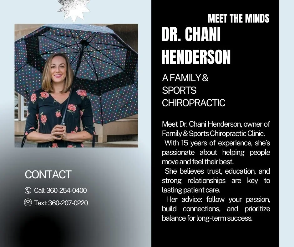 💼✨ Meet the Minds Monday Spotlight ✨💼

This week, we&rsquo;re excited to feature Dr. Chani Henderson, owner of Family and Sports Chiropractic Clinic.  With 15 years of experience, Dr. Henderson is passionate about helping people feel better, move b