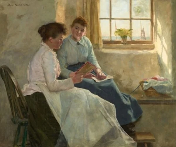 painting of scholars in deep discussion examining documents, representing final scholarship committee deliberations