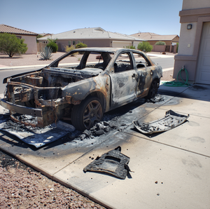 charred car shell with melted tires on ash stained concrete