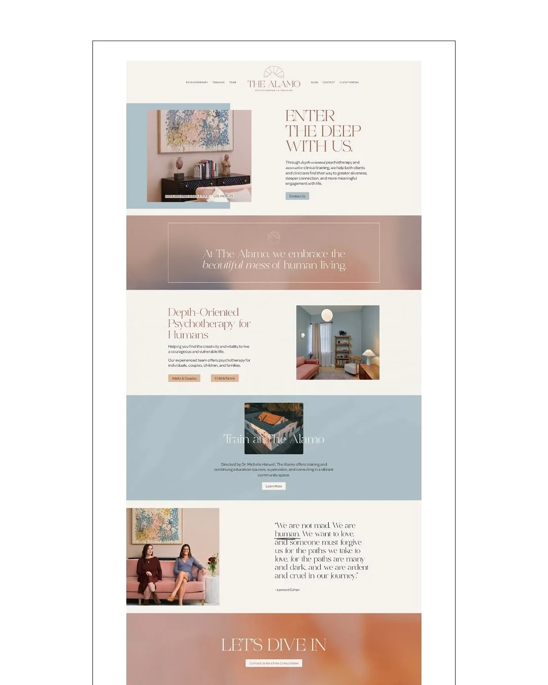 This custom designed brand and website blends warmth, professionalism, creativity and depth for The Alamo, a California-based psychotherapy practice. With pastel tones, moving gradients, intentional typography, and a message that invites clients to &
