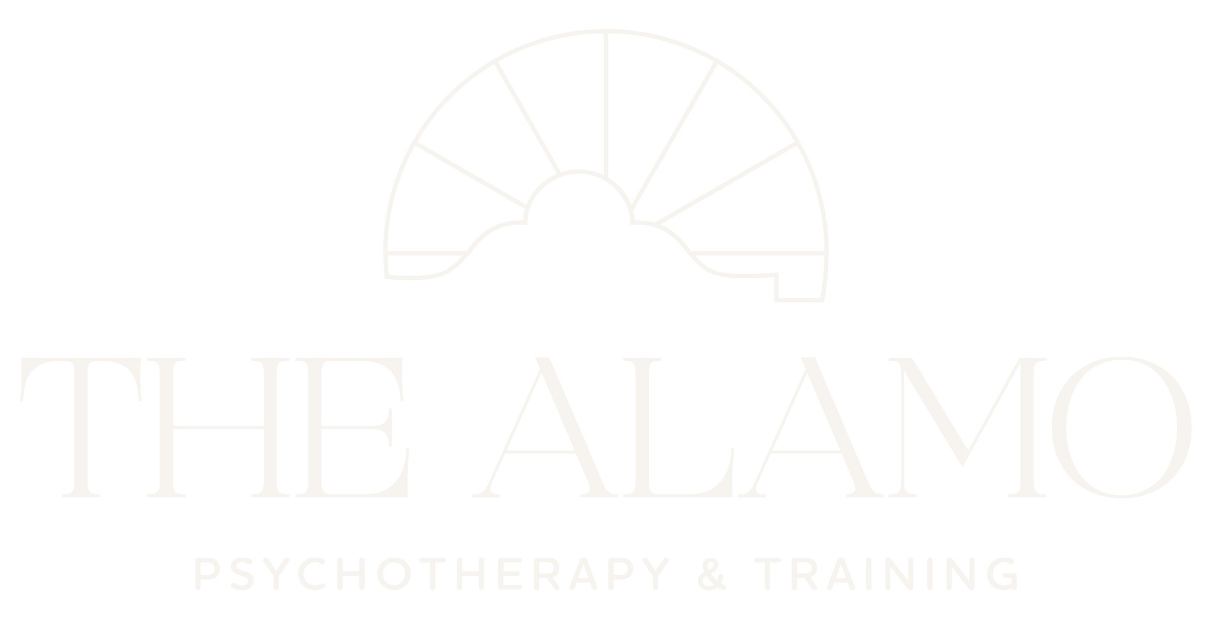 Logo for The Alamo Psychotherapy & Training featuring a semicircular design resembling a rising or setting sun, with the business name and tagline in white text on a black background.