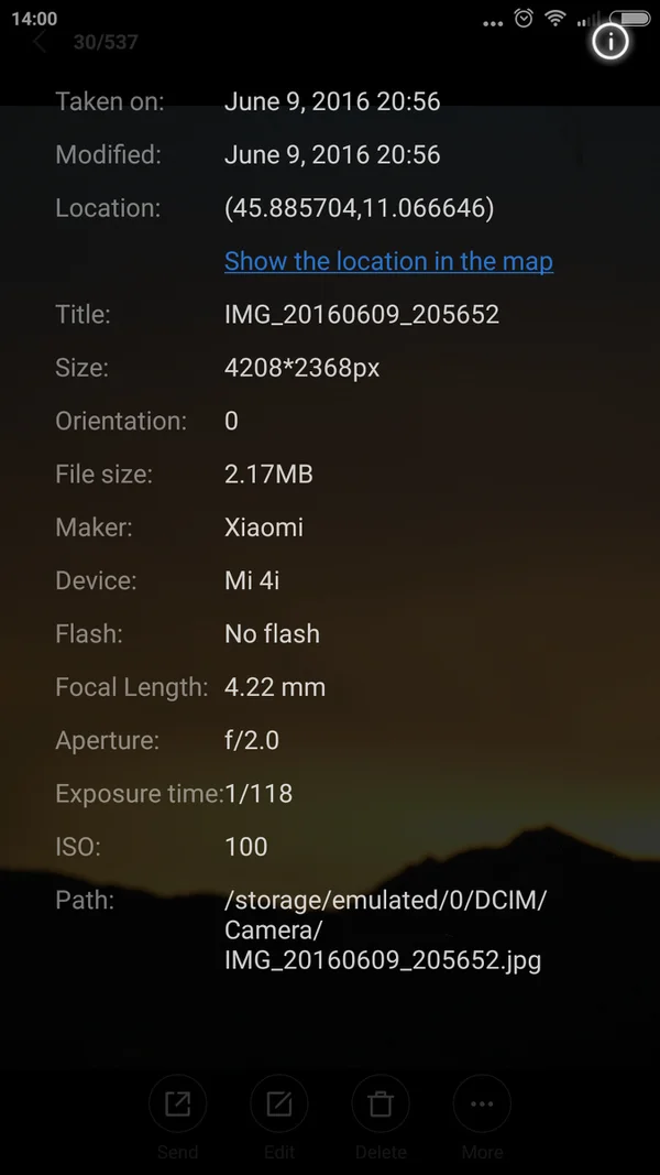 EXIF metadata displayed in the Gallery application on an Android phone