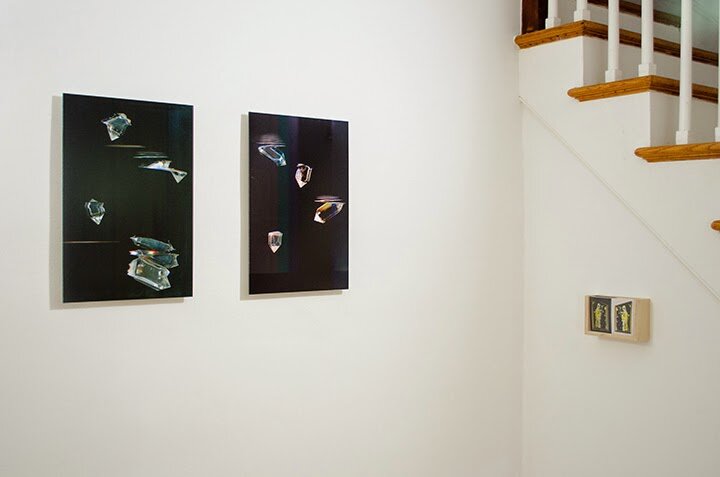  [left and center]  Untitled composition with quartz crystal (after Marcel Vogel)  (archival pigment print) 2014, [right]  Vogel’s Madonna  (postcards) 2014 