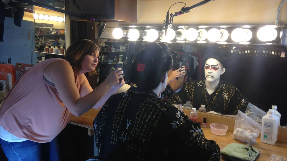Makeup artist Megan Pirtle with Brendan Dowling in rehearsals