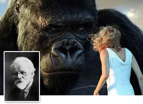 Ivanov’s (inset) biological human-ape aspirations are echoed in aggravating and demeaning narratives—like King Kong and Beauty & The Beast —which center around ugly male beast-creatures kidnapping beautiful women, who later fall for them. Interspecies-Stockholm syndrome love tales are the freakin’ worst!