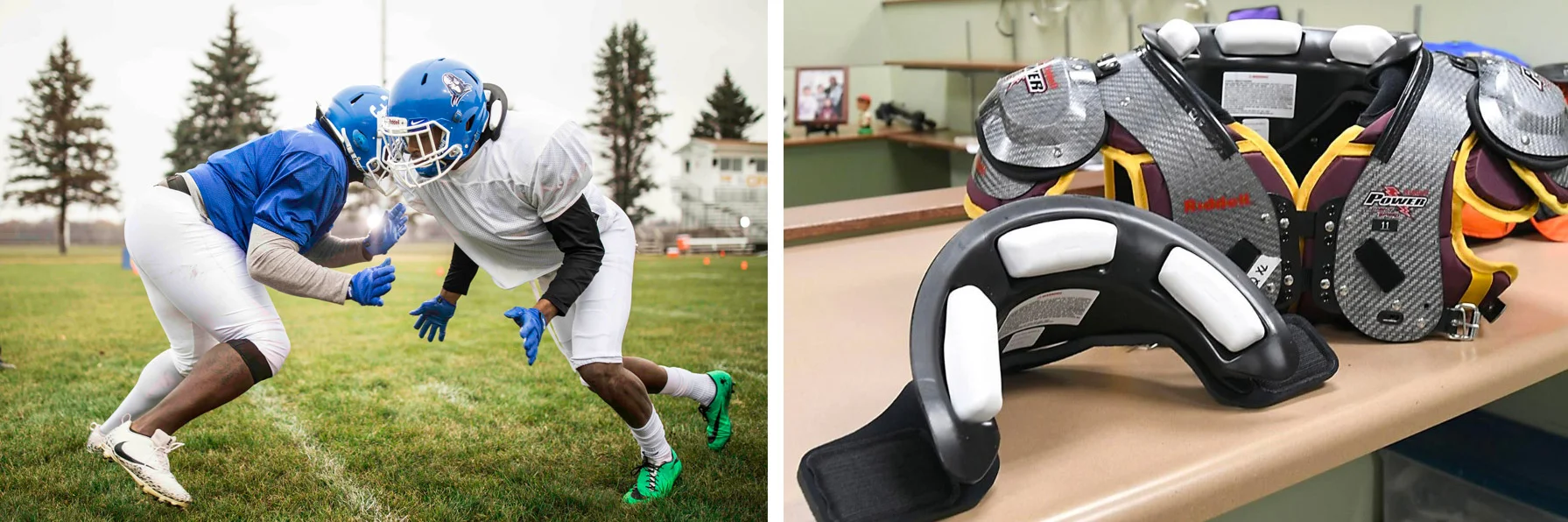 Football players wearing Kato Collars. Kato Collar with pads.