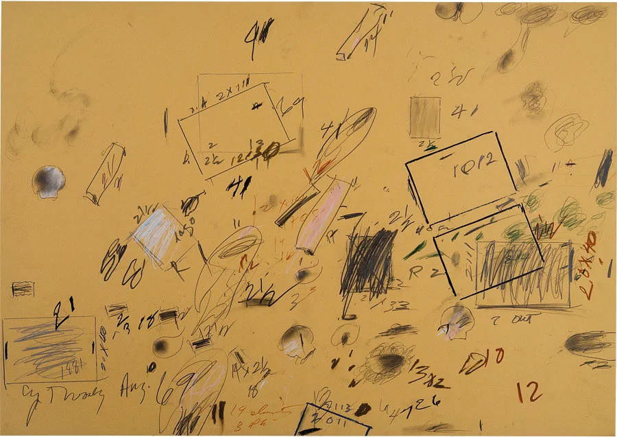 Cy Twombly, Untitled (Bolsena), 1969, pencil, wax crayon, and felt-tip pen, 27 3/4 × 39 3/8 inches (70.3 × 100 cm) © Cy Twombly Foundation