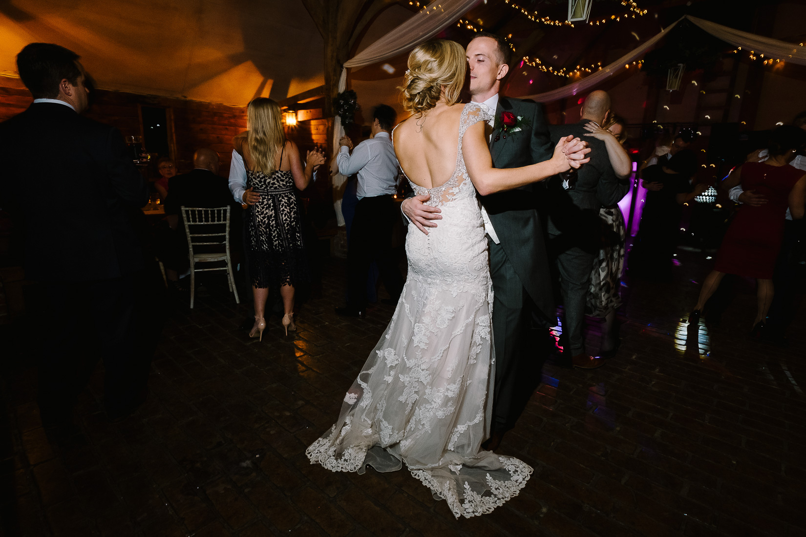 A bride and groom's first dance at Lains Barn wedding venue, Oxfordshire