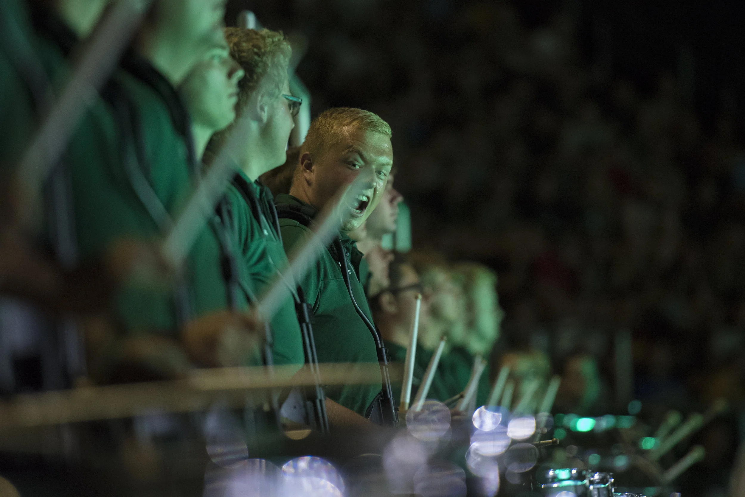  The Marching 110 drumline performs during Convocation on Aug. 26, 2018 in Athens, Ohio. 