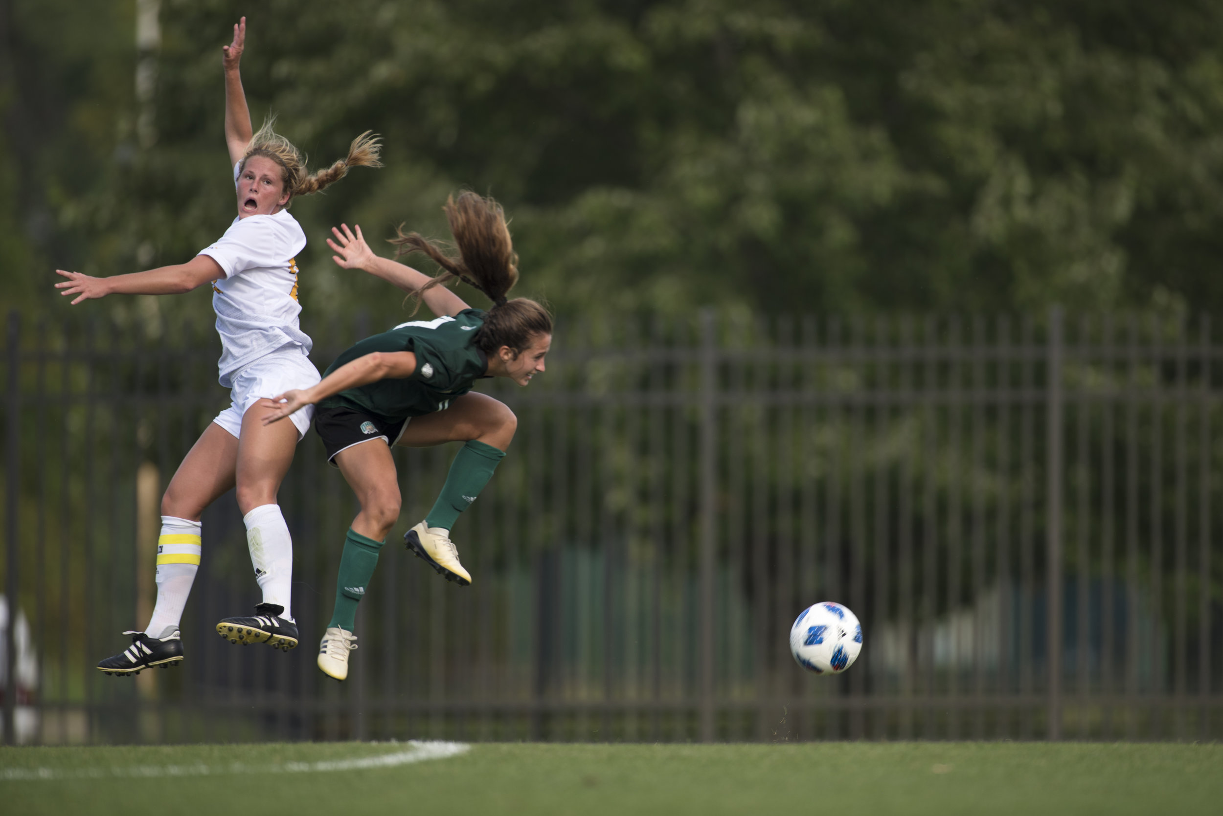  Ohio University defender Maria Collica goes for the header against Northern Kentucky University on Aug. 31. The Bobcats lost to the Norse 3-2. 