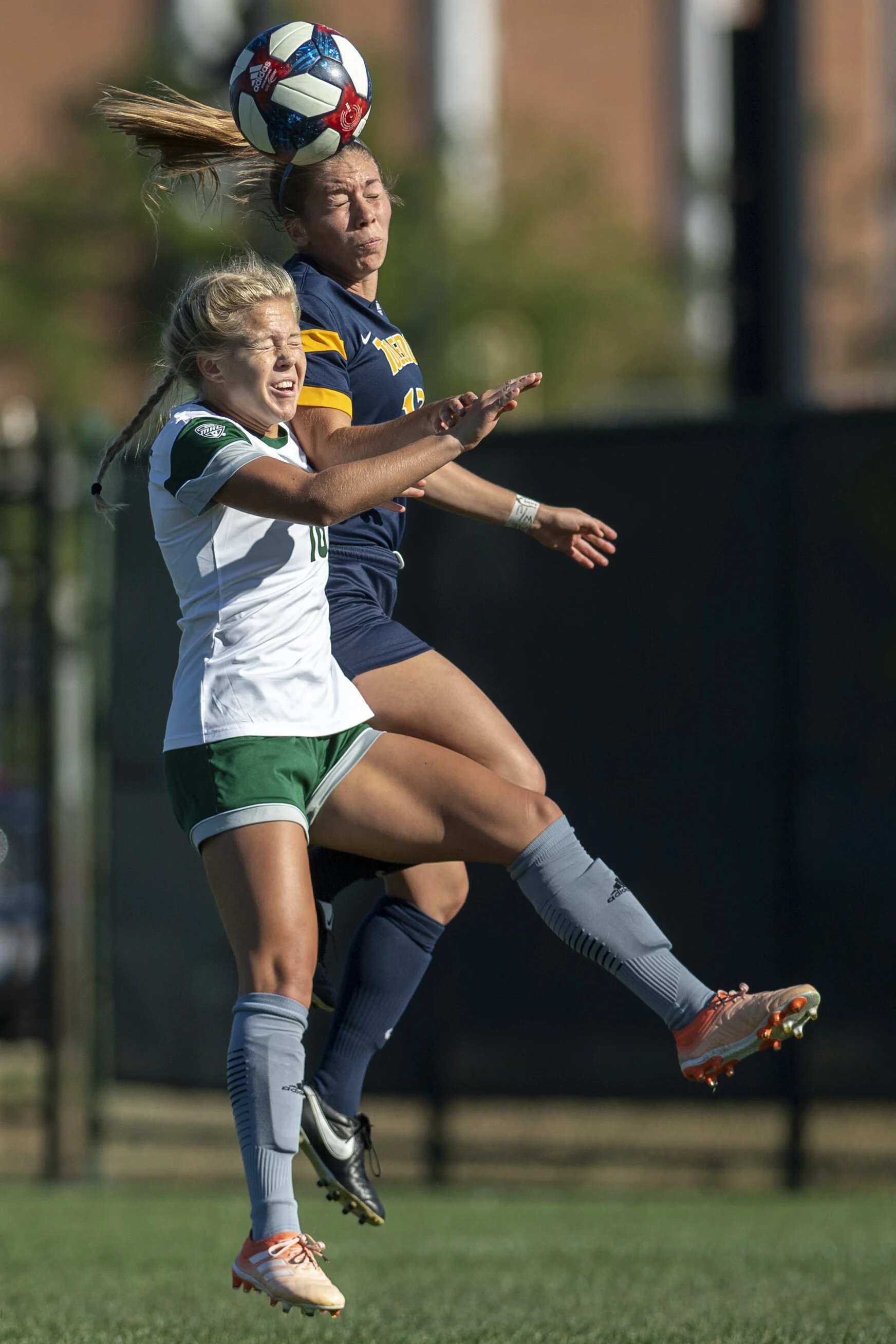  Ohio's Abby Townsend and Toledo's Rachelle Topolewski collide as they go for a header  during first half of the match between the Bobcats and the Rockets at Chessa Field on Oct. 4, 2019.  