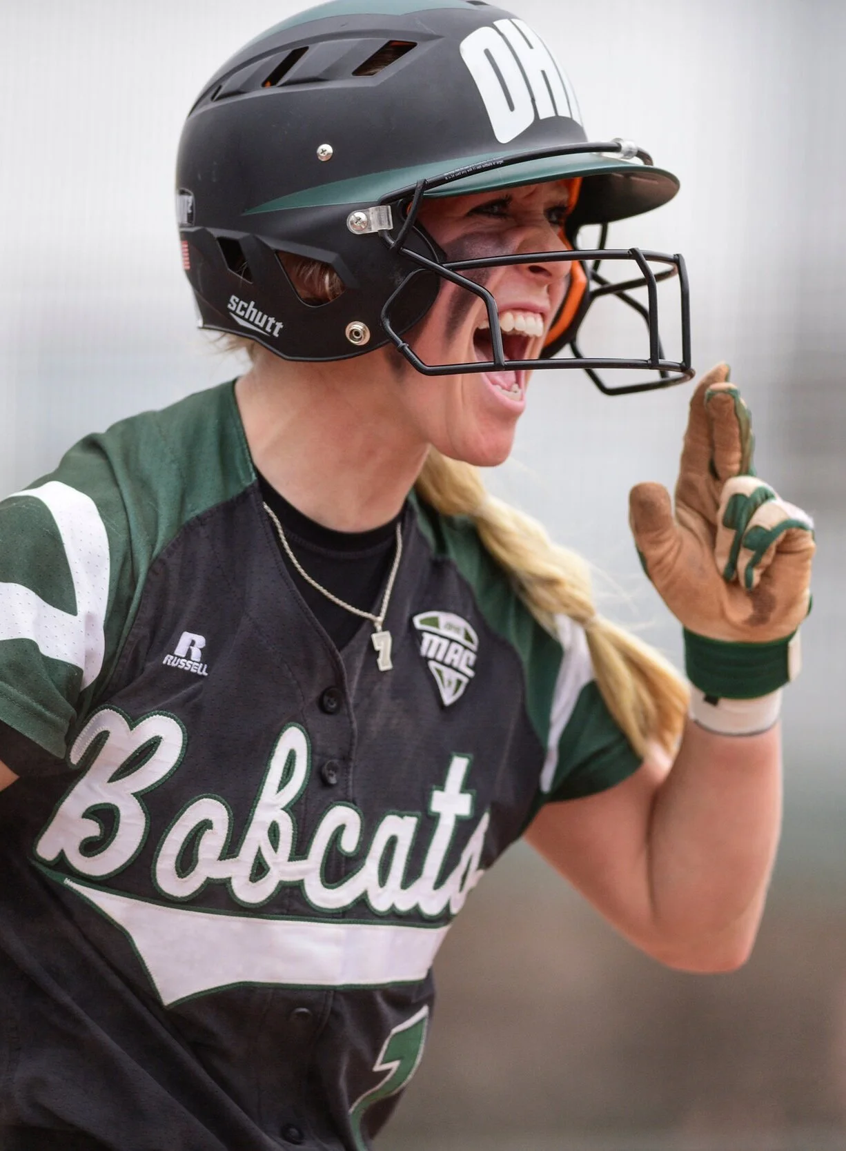 Ohio’s Taylor Saxton celebrates after she scores another run in the March 25, 2017, game against Toledo at the Ohio Softball Stadium.