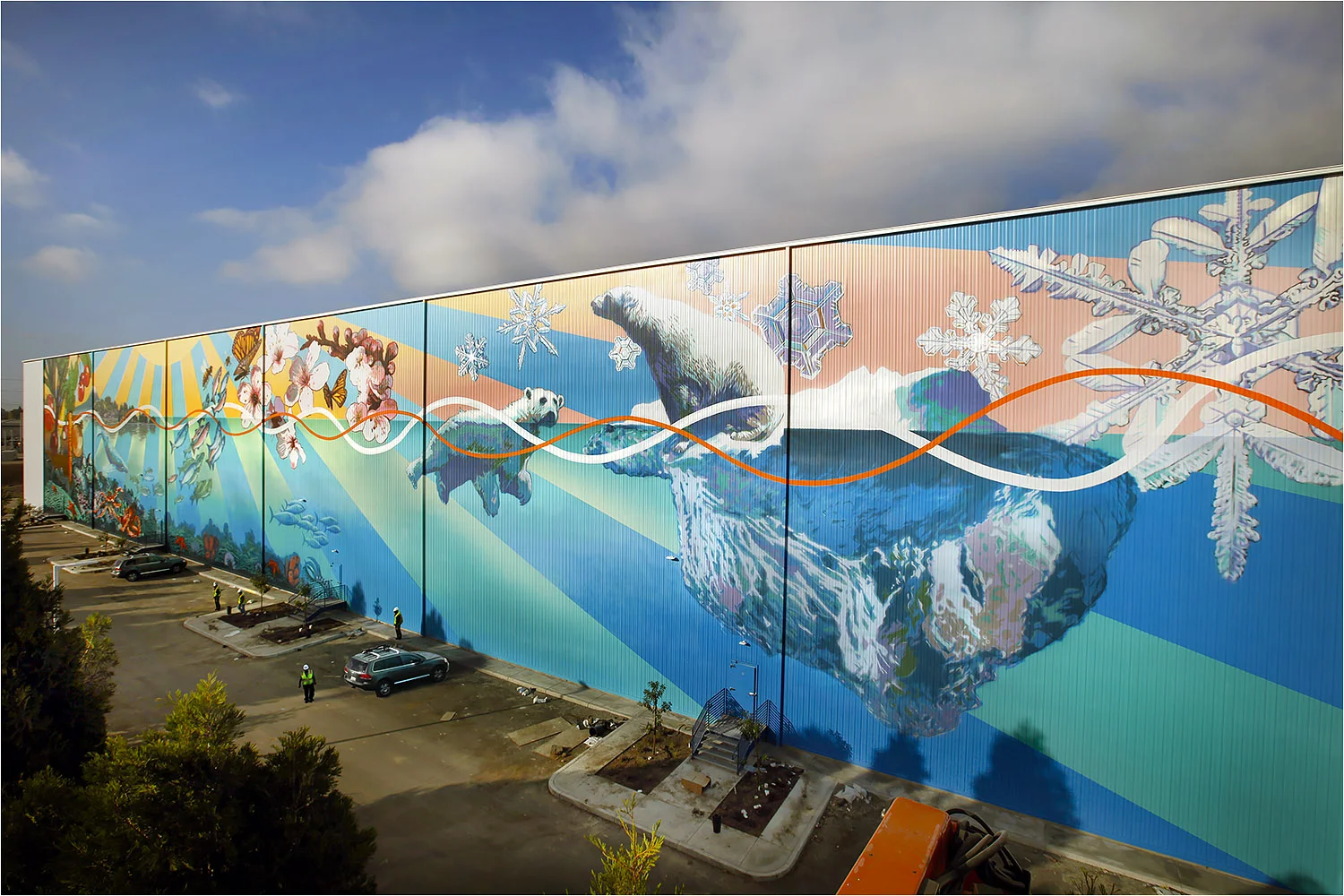 Mural for Preferred Freezer Services was designed and hand painted by Mural Arts studio in collaboration with wet and Mike Alvarez; a San Leandro artist/muralist. Spray can aerosol street art mural painting techniques were used to paint this mural.