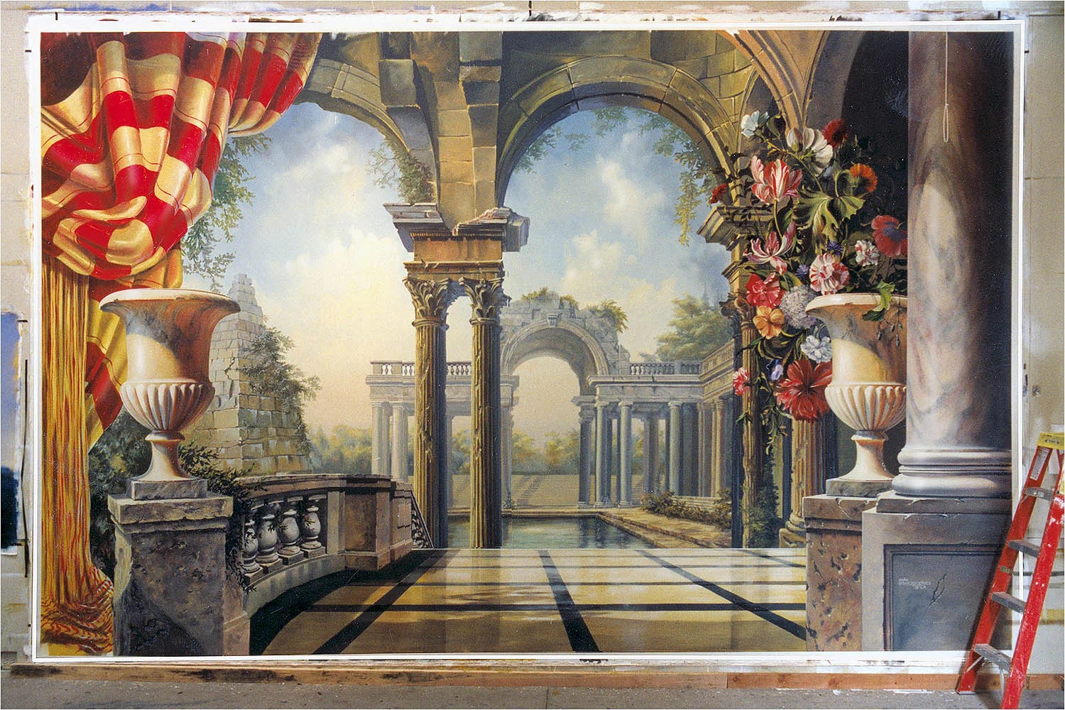 Architectural scenic hand painted mural in the style of Giovanni Battista Piranesi for a hotel lobby. This mural was painted by Les Seymour and Brenda Cole Seymour at Mural Arts studio.