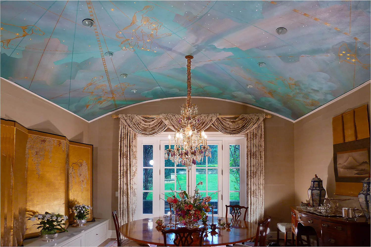 Celestial theme mural with Zodiac constellations accented by LED 'stars'. This mural was inspired by the vaulted ceiling mural at Grand Central Station in New York City.
