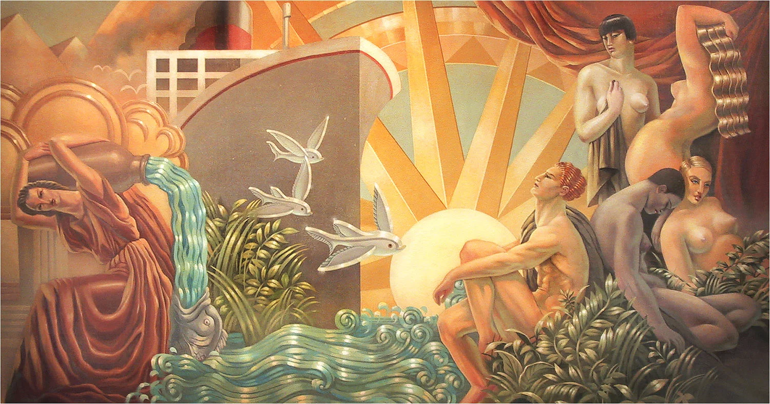 Hand Painted Art Deco style mural for Royal Caribbean Cruise Lines. Rendered in vintage travel motif, circa 1920s. Acrylic on flame retardant muslin for a Class A fire rating.