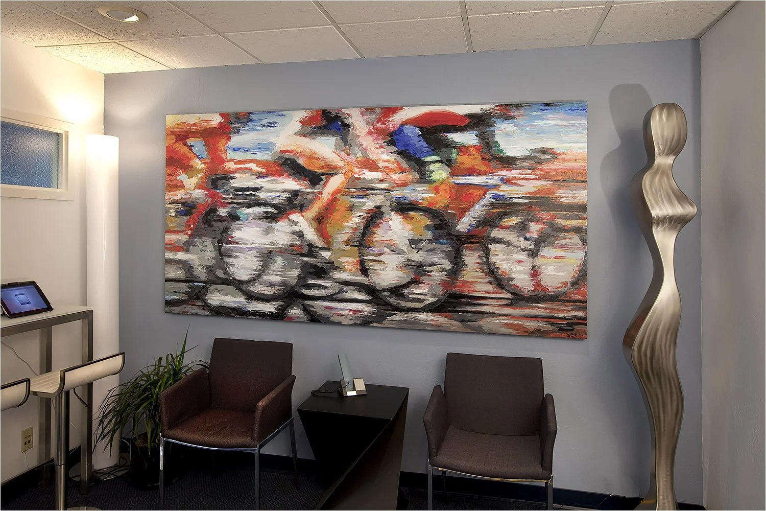 Custom painting for a medical office waiting area. Heavy paint applied in an expressionist manner lends a feeling of motion to an otherwise static room.