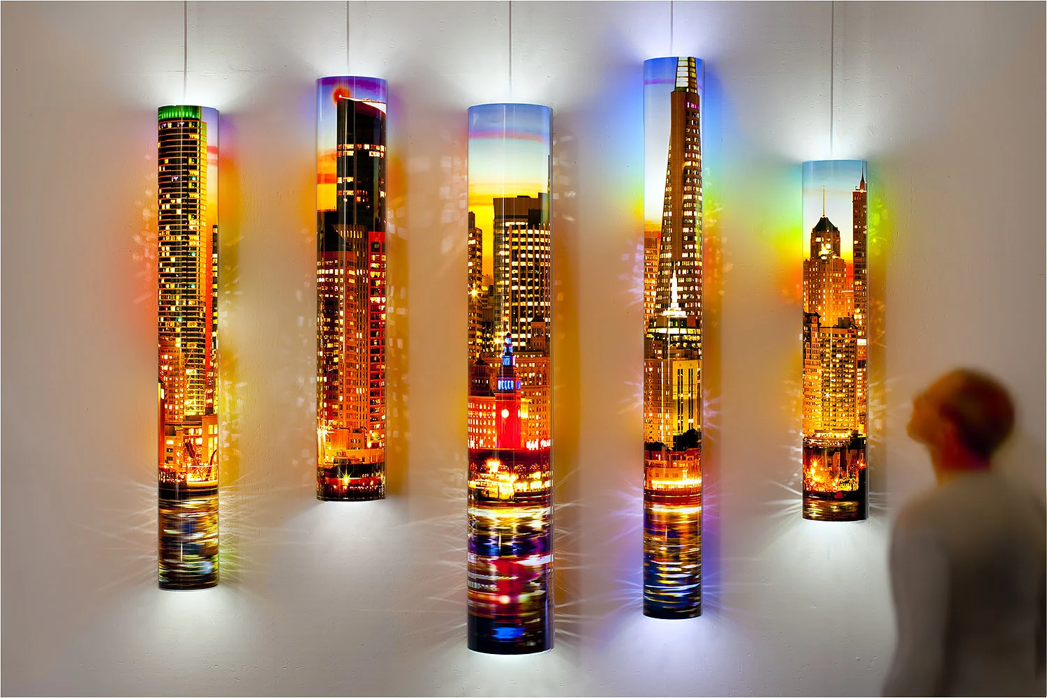  Tube Aura light mural with city skyline theme. Archival pigmented ink on backlight media. Photo collage by Les Seymour, Photography by Henrik Kam Photography.