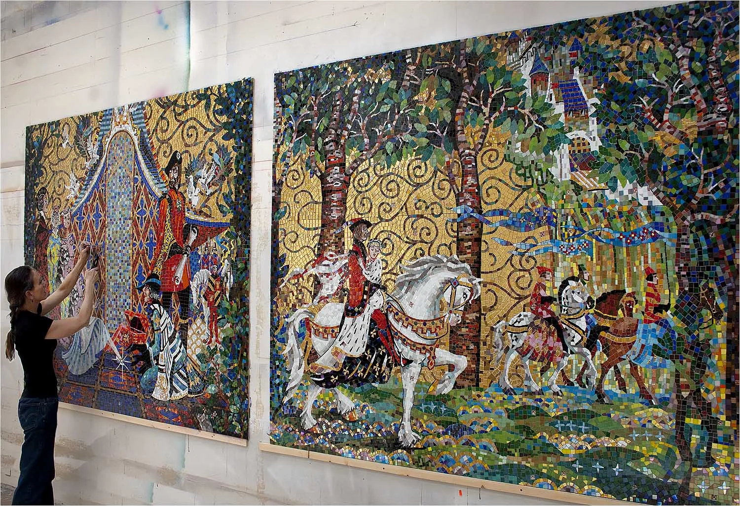 Gold leaf glass tile mosaic for Disney Dream cruise ship. Modeled after the mosaic mural master-pieces by Disney Imagineer, Dorthea Redmond in the Cinderella Castle.