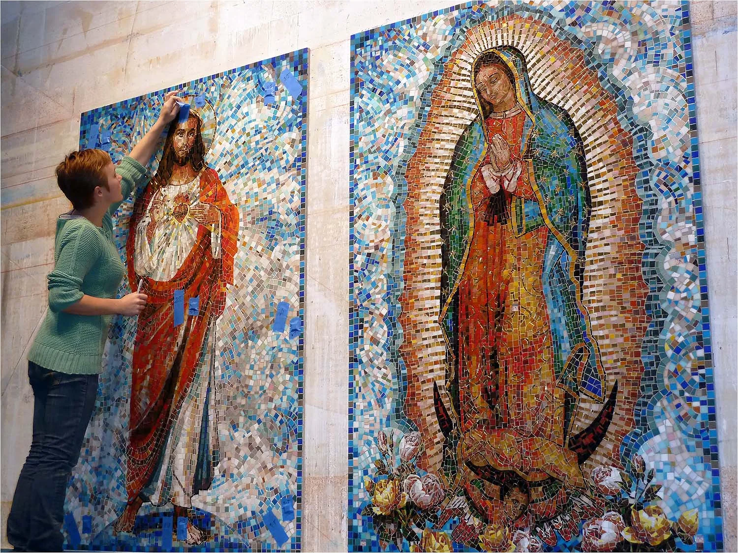 Mosaic art for the Sacred Heart Church in San Jose, California. Iridescent glass tile mixed with ceramic mosaic tile on cement backer board with color grout.