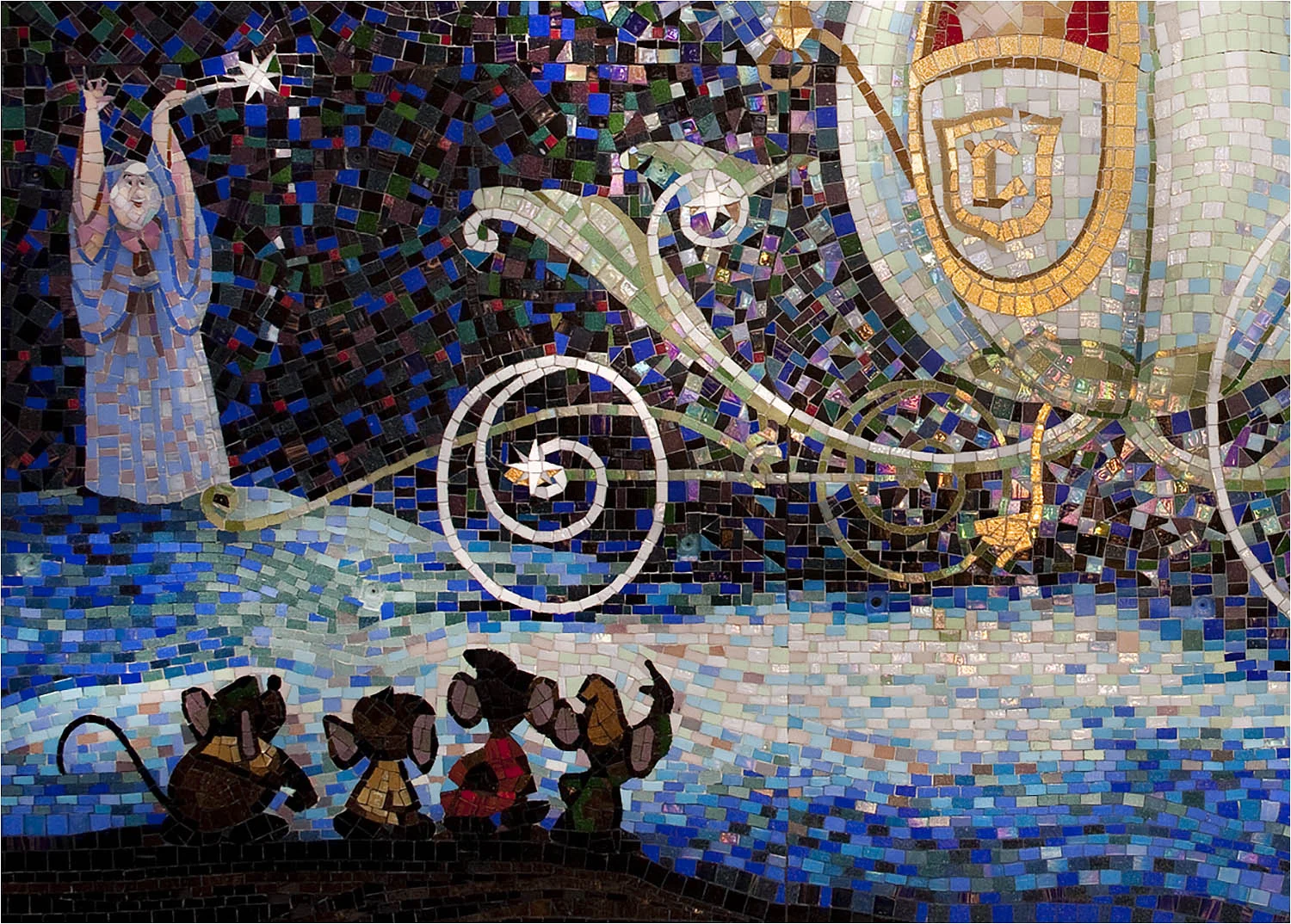Detail from Cinderella mosaic mural for Disney Cruise Line. Iridescent tile accents the coach and contrasts with the characters.