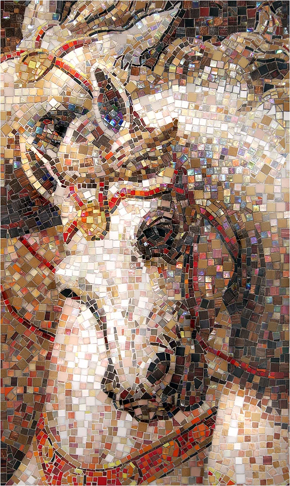 Roman horse theme mosaic on cement backer board enhanced with color grout. This mosaic incorporates natural stone and marble tile typical to ancient Roman mosaic.