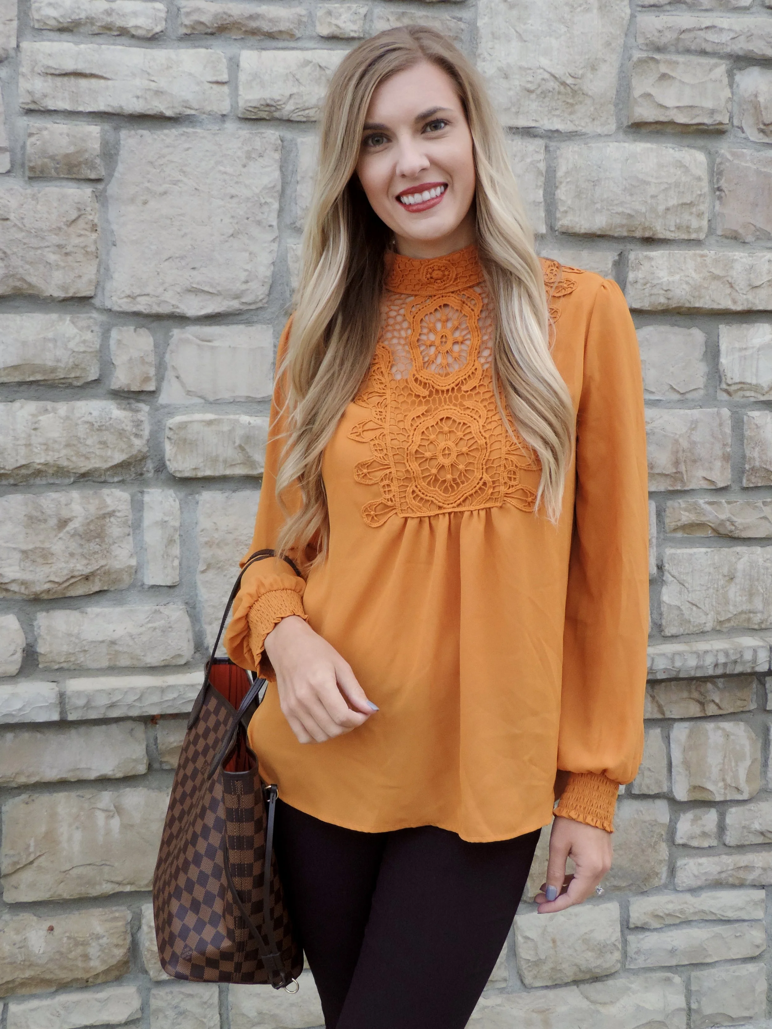 Top // Pants (similar here and here ) // lip color: Dior "Daisy Plum"