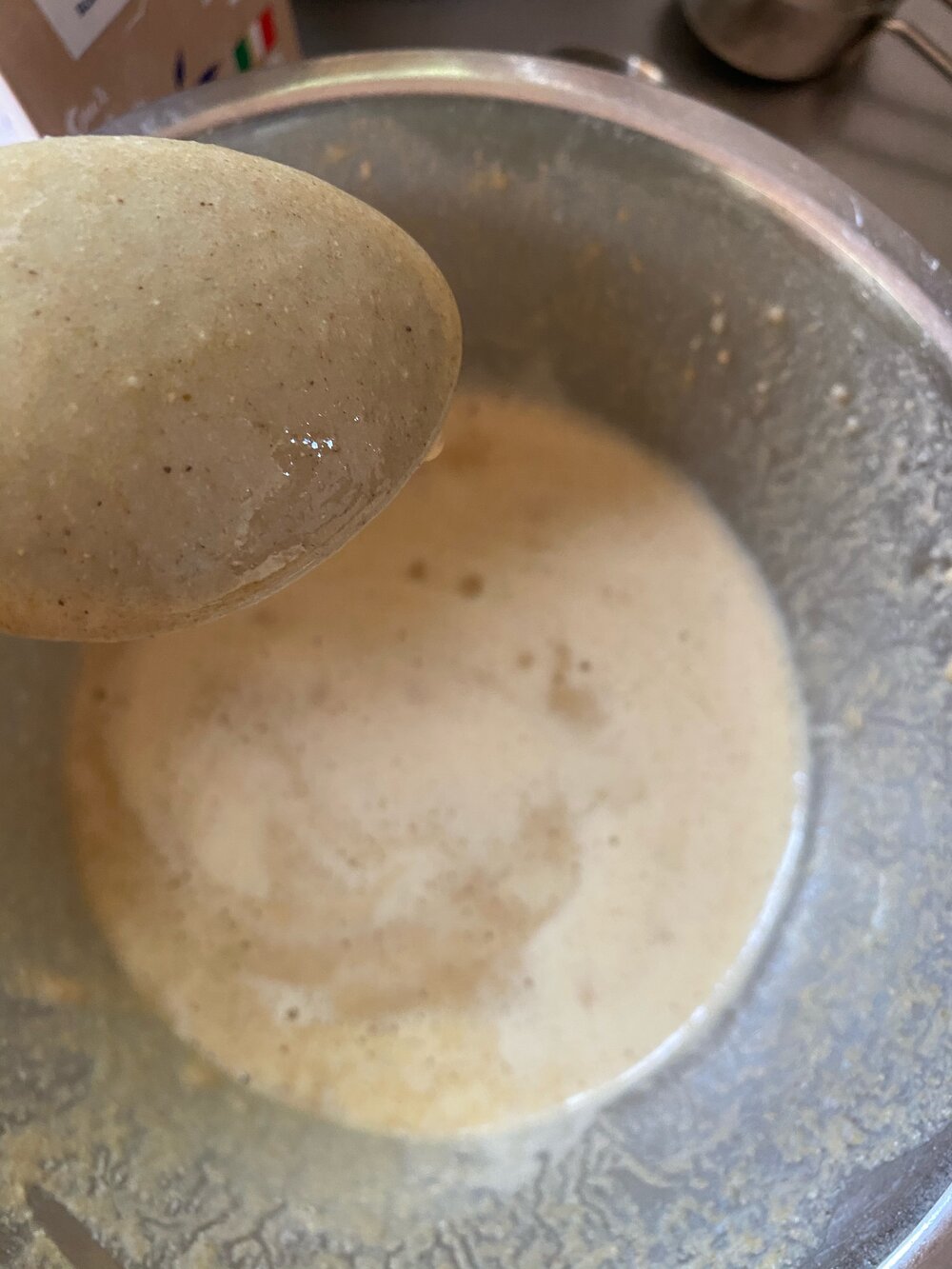 Mix nicely coating the back of a spoon - the best indicator for a good thickness of batter