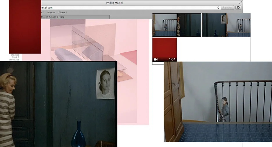 Que reste-t-il de nos amours? II Stolen Kisses, Pigment Print, 18 x 9.76’’, 2015. Collage work of: screenshot of film Baiser Volés (1968) by François Truffaut; screenshot of Iphone camera roll of the video of the song Que Reste-t-il de nos amour? ; screenshot of desktop with website of artist Philip Maisel opens and his work Stack V(6650) highlighted with pink