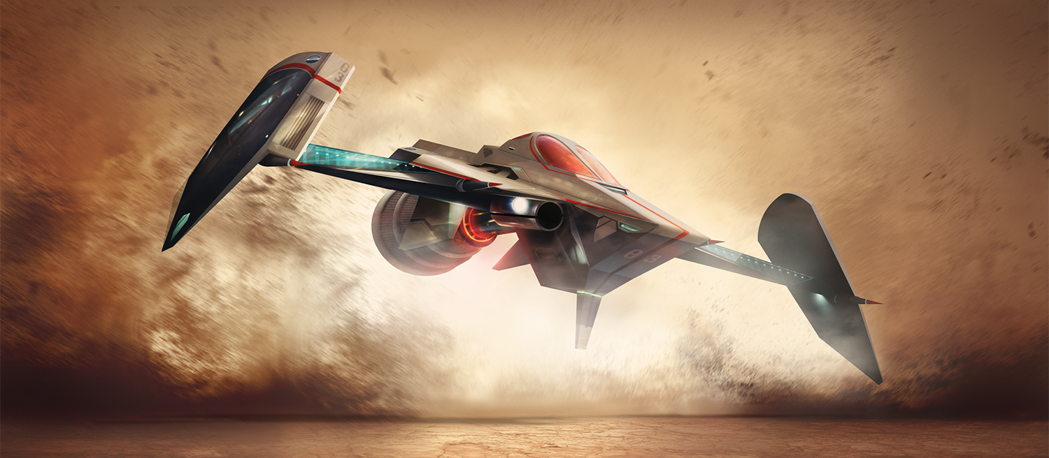 CONCEPT ART I wanted the final concept to capture the synergy and power of the ship, whilst making sure that the emphasis remains on the designed elements. As I developed the idea I liked the concept of a racer ship, projecting lights and LEDs which would glow as it moved through different environments. I was keen to add a distinctive colour scheme which could be carried across different aspects of the spaceship, but for the ship itself to have quite angular, defined edges to give it a more hand-crafted, unique feel. I included a second, much smaller, craft which docks above the engine on the main ship and can be flown separately. 