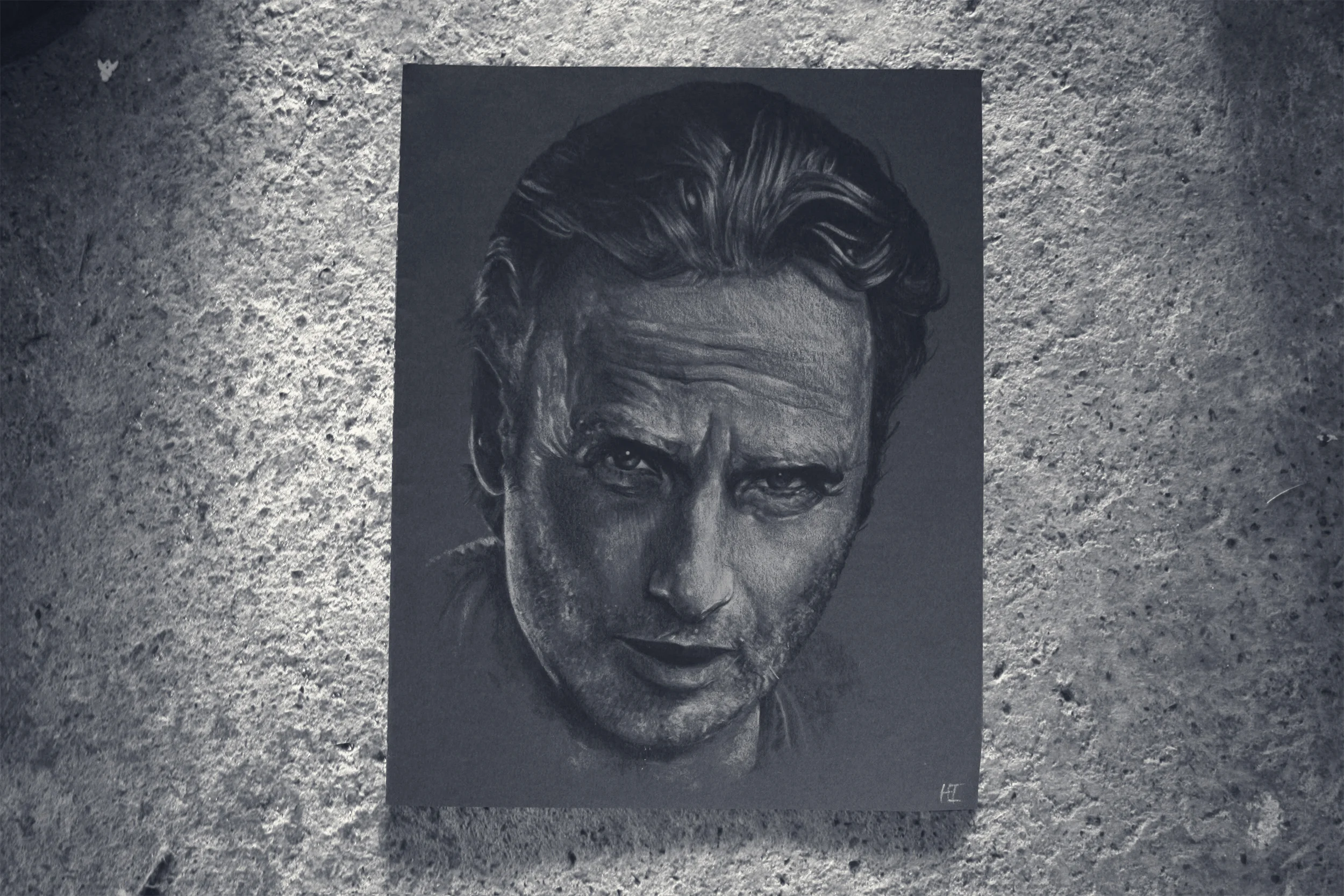 RICK GRIMES The Walking Dead ~ White pencil, HB and 5B on grey paper ~
